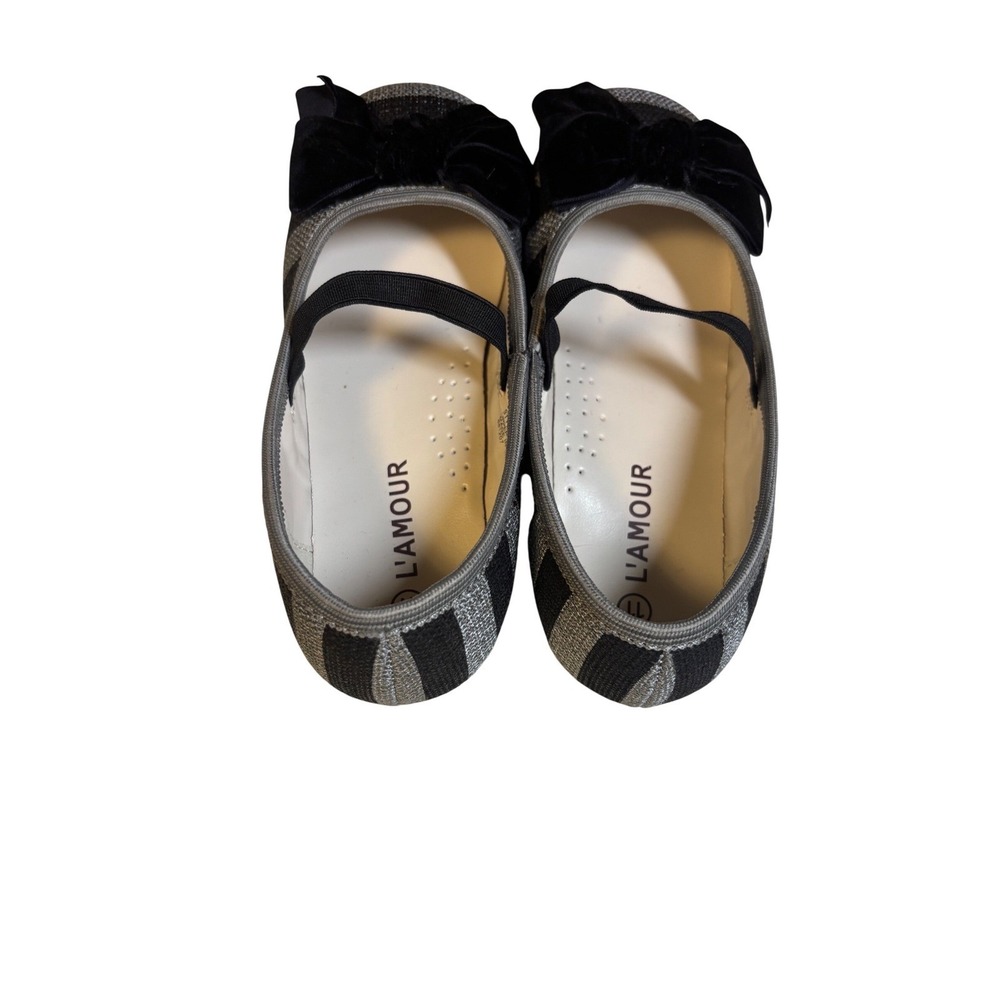 L'Amour Mary Jane Flats Girls 11 Black Silver Striped Velvet Bow Dress Shoes - Picture 4 of 10